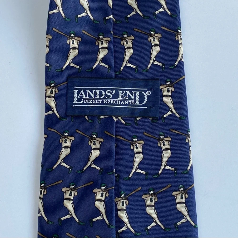 Baseball Tie LANDS’ END 100% Silk Navy Blue Hitter Batter Player EUC Mens